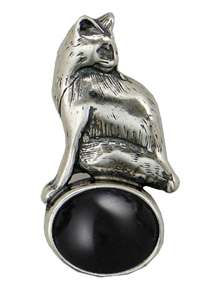 Sterling Silver Cat Cat Looking For Mouse Pendant With Black Onyx